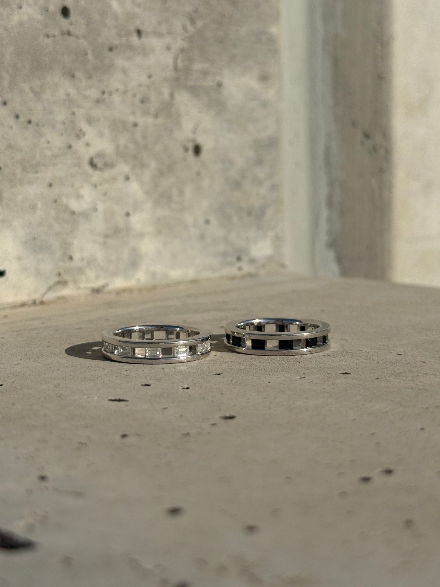 sterling silver micro eternity, stackable band with white crystals lining the ring